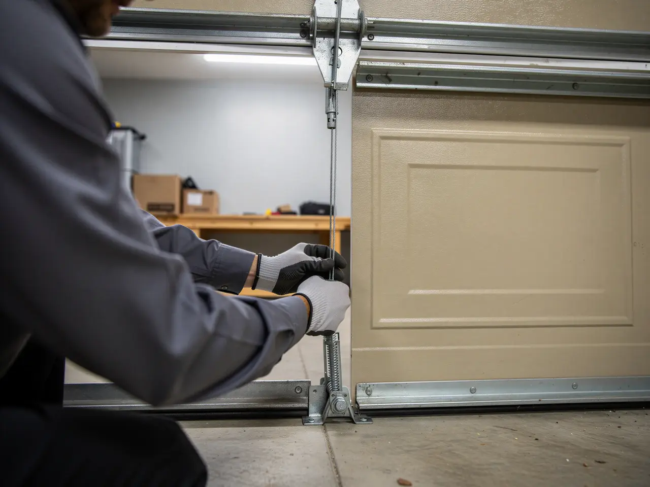 A technician wearing gloves adjusts a garage door cable and spring.