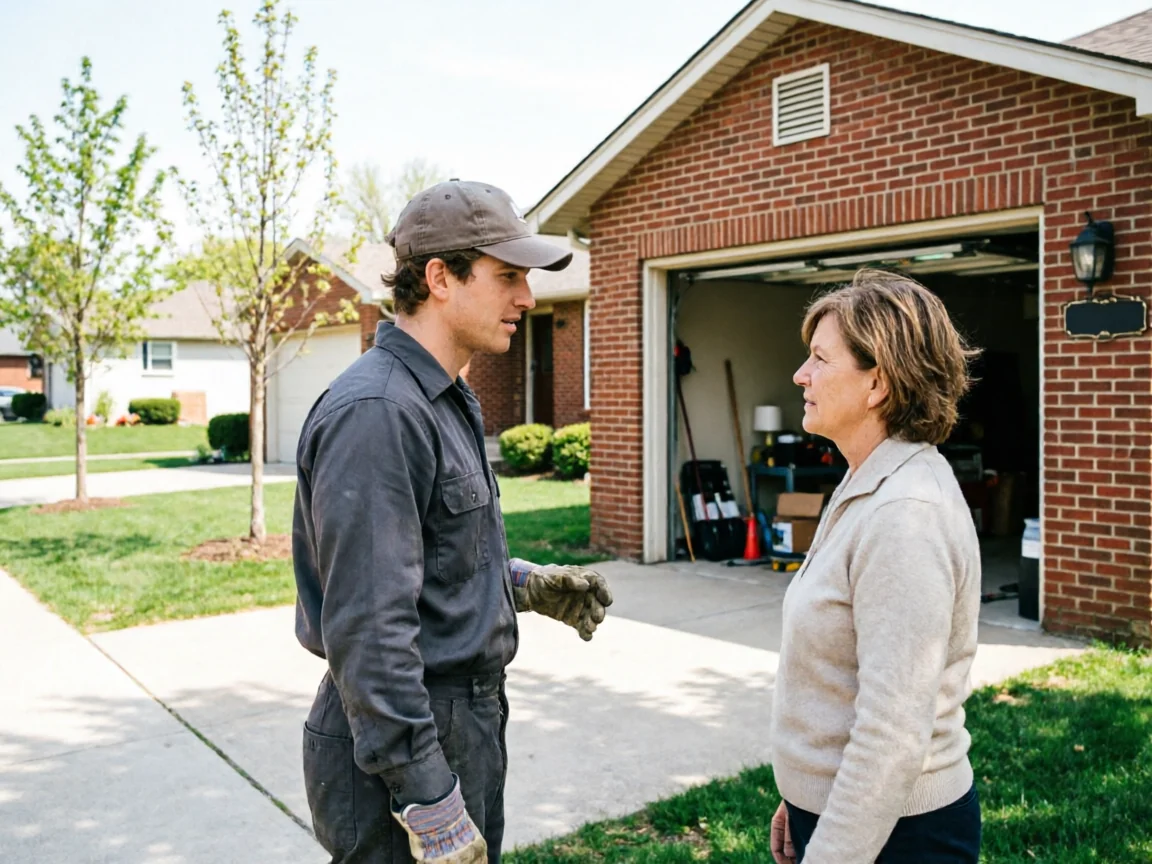 A technician in a gray uniform talks to a woman in front of a brick house.