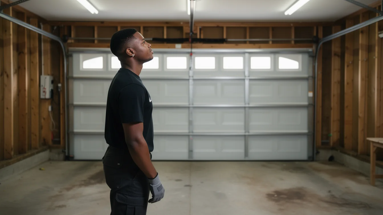 A technician in a black shirt and gray gloves looks up at a white garage door.