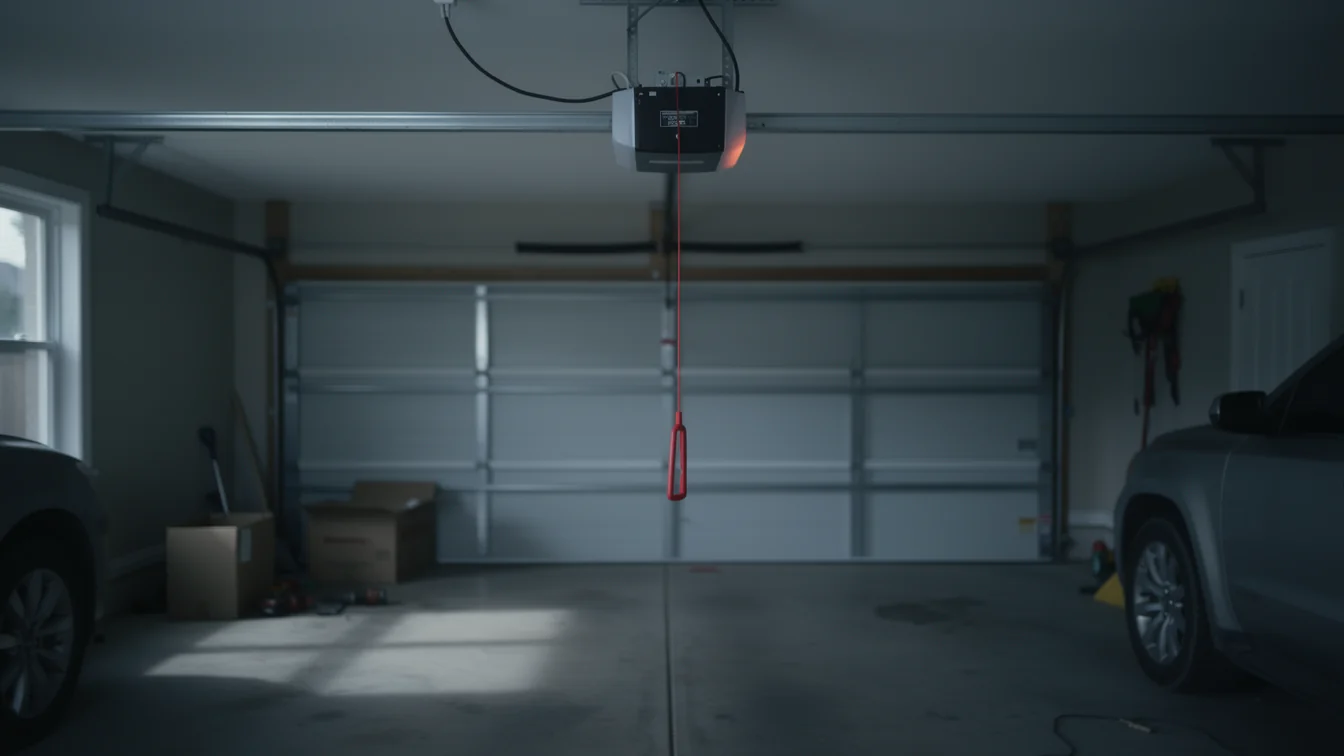 A garage door opener with a red emergency release cord hangs above a closed garage door.