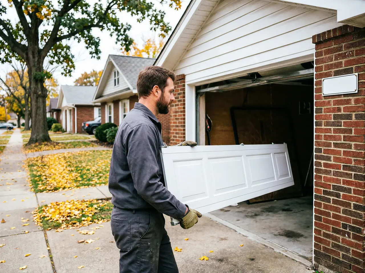 A technician carries a white garage door panel into a brick garage.